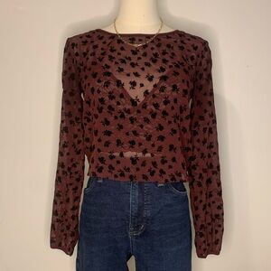 Size XS, Sunday Best, sheer floral top with back cut out.